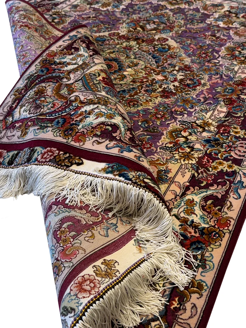 فرش دست بافت کرک و ابریشم تبریز 1.5 متری خطیبی لچک گلدان 60 رج بنفش 100*150 مستطیل 5 کیلو - Image 4