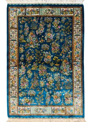 فرش ربات بافت ابریشم و بنبوسیلک قم 2.5 متری افشان یکسره 70 رج آبی / سرمه ایی 80*120 مستطیل کیلو1