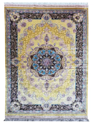 فرش ربات بافت ابریشم و بنبوسیلک قم 3 متری لچک ترنجی 70 رج طلایی / خردلی 150*250 مستطیل 6 کیلو