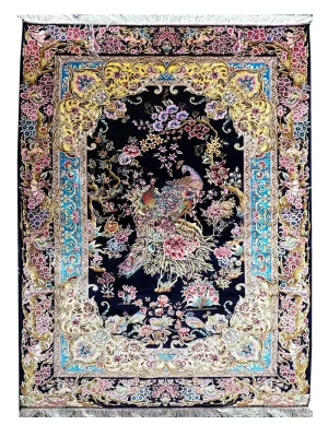 فرش ربات بافت ابریشم و بنبوسیلک قم 3 متری طاووسی لچک ترنچی 70 رج آبی / سرمه ایی 150*250 مستطیل 6 کیلو