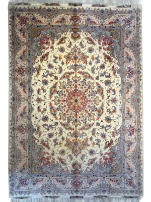 فرش دست بافت 9 متری مشهد 250*350 مستطیل لچک ترنجی افشان 40 رج پشم و ابریشم کرم / بژ 30 کیلو کلاسیک