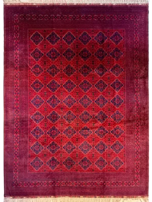 فرش دست بافت 12 متری خان محمدی 300*400 مستطیل هندسی 25 رج کرک براق قرمز / لاکی 40 کیلو سنتی