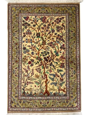 فرش دست بافت 1 متری قم 80*120 مستطیل درخت زندگی 70 رج تمام ابریشم کرم 1.5 کیلو مالکیت شادکام کلاسیک