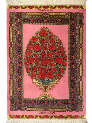 فرش دست بافت 0.5 متری قم 65*106 مستطیل گلدانی 70 رج تمام ابریشم صورتی / گلبهی 1.5 کیلو کلاسیک