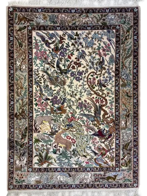 فرش دست بافت 0.5 متری اصفهان 197*128 مستطیل درخت زندگی 70 رج تمام ابریشم کرم / بژ 3 کیلو کلاسیک