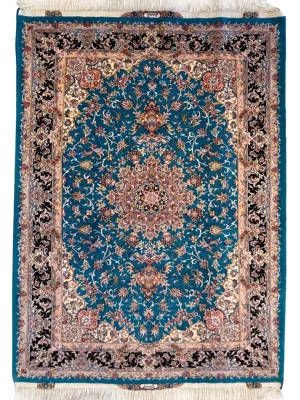 فرش دست بافت 6 متری مشهد 200*300 مستطیل علیا 40 رج پشم و ابریشم آبی / سرمه ایی 22 کیلو کلاسیک