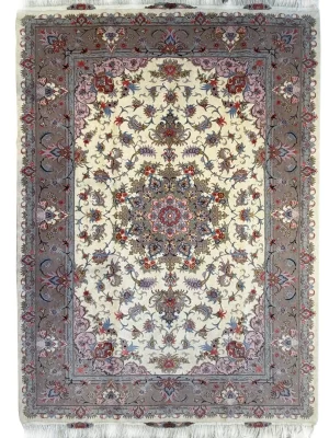 فرش دست بافت 6 متری مشهد 200*300 مستطیل لچک ترنجی شاه عباسی 40 رج پشم و ابریشم کرم 35 کیلو کلاسیک