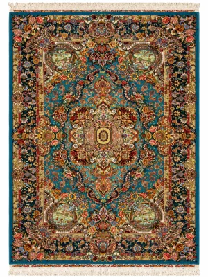 فرش دست بافت 6 متری تبریز 200*300 مستطیل سالاری باغ بهشت 50 رج کرک و ابریشم آبی / سرمه ایی 15 کیلو کلاسیک