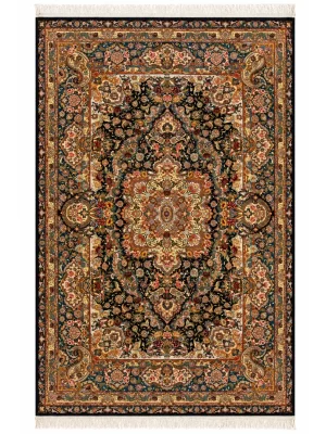 فرش دست بافت 6 متری تبریز 200*300 مستطیل سالاری لچک بوته 60 رج کرک و ابریشم مشکی 15 کیلو کلاسیک