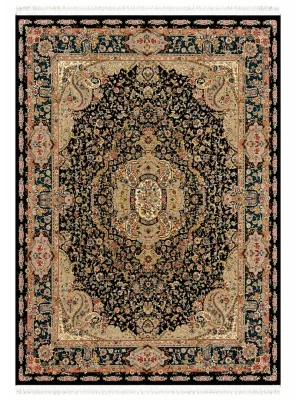فرش ربات بافت 12 متری تبریز 300*400 مستطیل سالاری لچک بوته 70 رج کرک و بمبوسیلک مشکی 25 کیلو کلاسیک