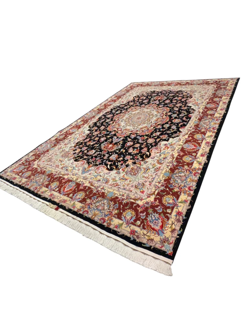 فرش دست بافت 9 متری تبریز 250*350 مستطیل علیا 40 رج کرک و ابریشم مشکی 30 کیلو کلاسیک - Image 5