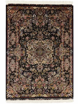 فرش دست بافت 3 متری تبریز 150*200 مستطیل سالاری لچک گلدان 65 رج کرک و ابریشم مشکی 14 کیلو کلاسیک