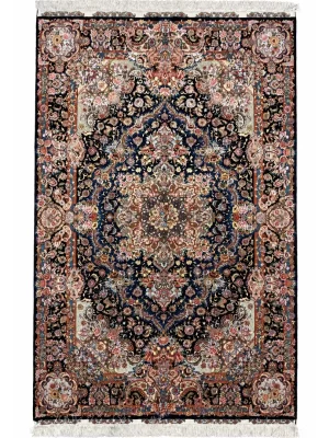 فرش دست بافت 6 متری تبریز 200*300 مستطیل سالاری باغ بهشت 55 رج کرک و ابریشم مشکی 14 کیلو کلاسیک