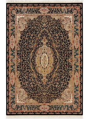 فرش ربات بافت 18 متری تبریز 350*500 مستطیل سالاری لچک بوته 70 رج کرک و بمبوسیلک مشکی 25 کیلو کلاسیک