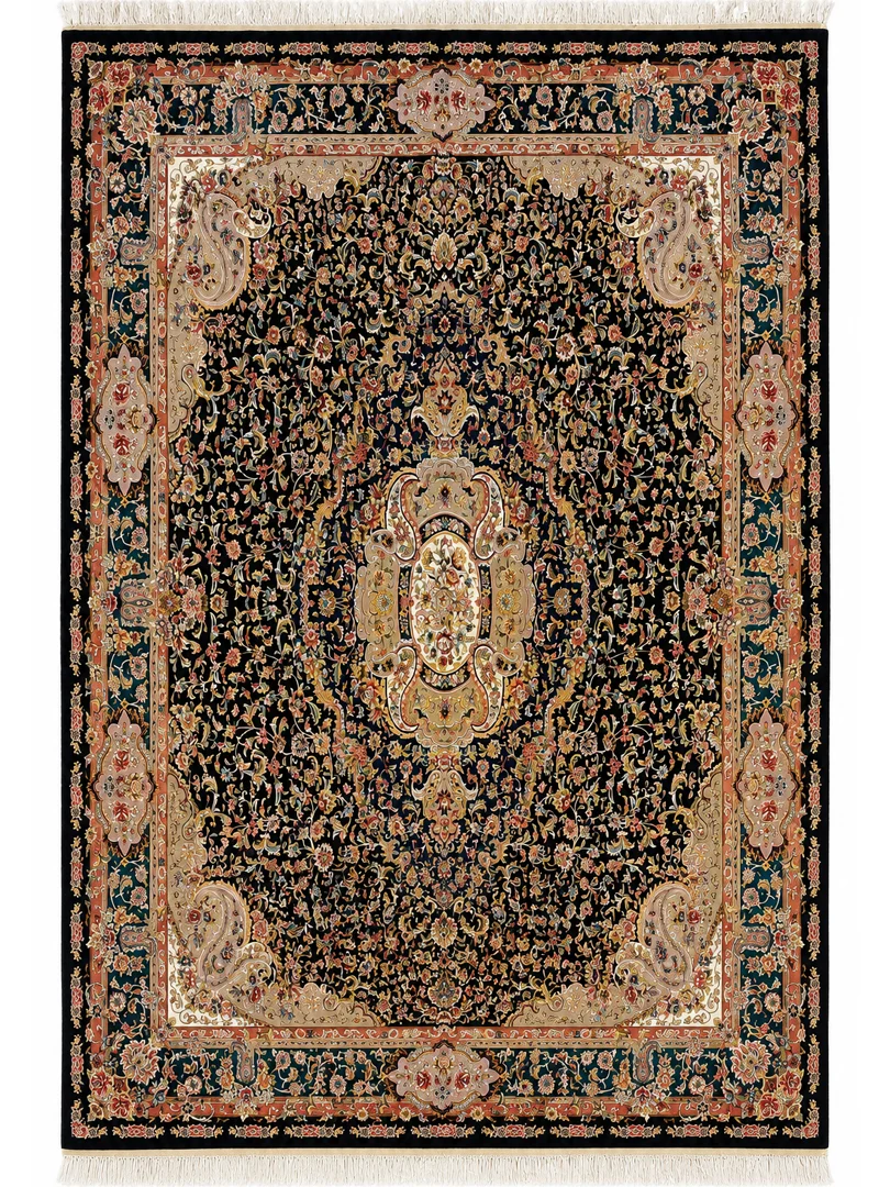 فرش ربات بافت 18 متری تبریز 350*500 مستطیل سالاری لچک بوته 70 رج کرک و بمبوسیلک مشکی 25 کیلو کلاسیک