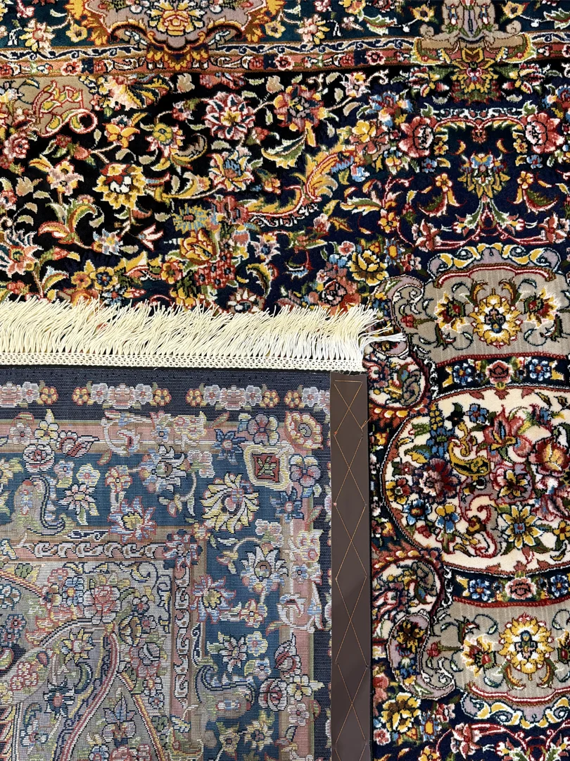 فرش ربات بافت 2.5 متری تبریز 120*180 مستطیل سالاری لچک بوته 70 رج کرک و بمبوسیلک مشکی 25 کیلو کلاسیک - Image 2