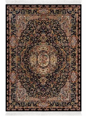 فرش ربات بافت 2.5 متری تبریز 120*180 مستطیل سالاری لچک بوته 70 رج کرک و بمبوسیلک مشکی 25 کیلو کلاسیک