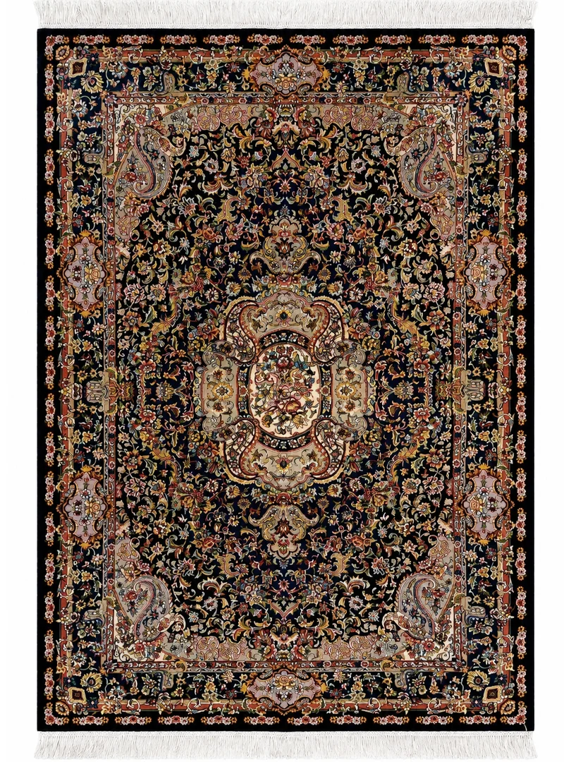 فرش ربات بافت 2.5 متری تبریز 120*180 مستطیل سالاری لچک بوته 70 رج کرک و بمبوسیلک مشکی 25 کیلو کلاسیک