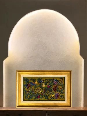 تابلو فرش 0.5 متری قم 40*70 مستطیل چهل طوطی قابی 80 رج تمام ابریشم الوان 1.5 کیلو