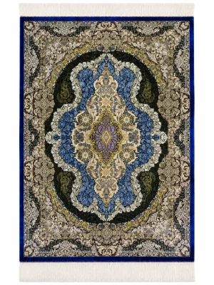 فرش دست بافت 6 متری قم 200*300 مستطیل کاظمی 90 رج تمام ابریشم آبی / سرمه ایی 20 کیلو کلاسیک