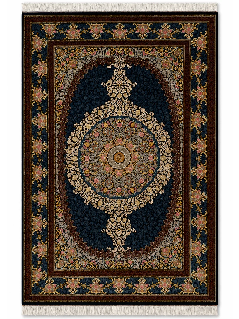 فرش دست بافت 6 متری قم 200*300 مستطیل لچک ترنجی کاظمی 70 رج تمام ابریشم مشکی 17 کیلو کلاسیک