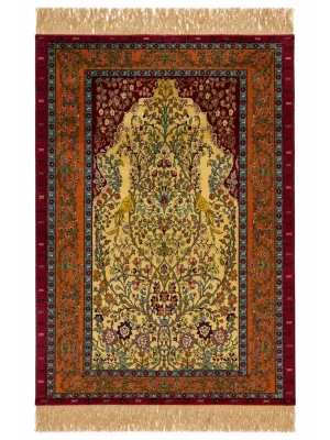 فرش دست بافت 1.5 متری تمام ابریشم خراسان 155*105 مستطیل کف ساده / محرابی 80 رج تمام ابریشم الوان 1.5 کیلو کلاسیک