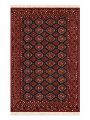 فرش دست بافت 6 متری ترکمن 200*300 مستطیل هندسی 30 رج پشم قرمز / لاکی 20 کیلو سنتی