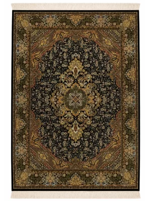 فرش دست بافت 9 متری قم 250*350 مستطیل لچک ترنجی احمدی 80 رج تمام ابریشم مشکی 25 کیلو کلاسیک