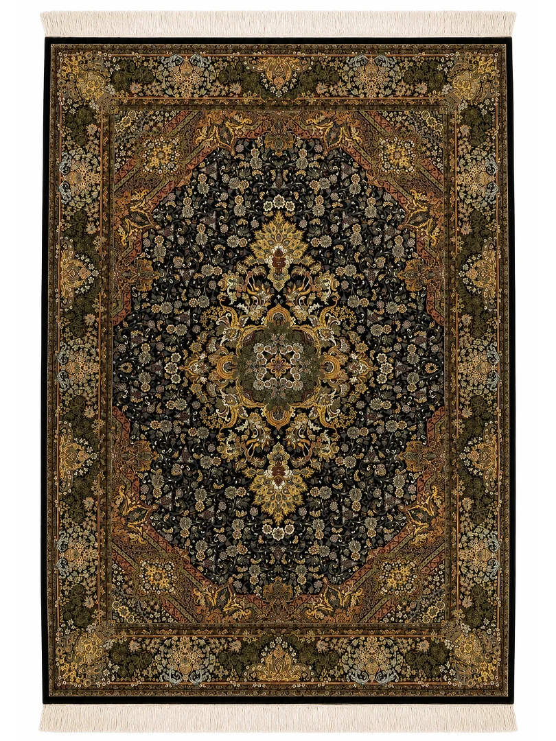 فرش دست بافت 9 متری قم 250*350 مستطیل لچک ترنجی احمدی 80 رج تمام ابریشم مشکی 25 کیلو کلاسیک