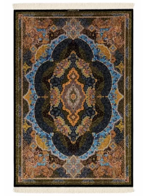 فرش دست بافت 5 متری قم 160*250 مستطیل لچک ترنجی کاظمی 80 رج تمام ابریشم مشکی 9 کیلو کلاسیک