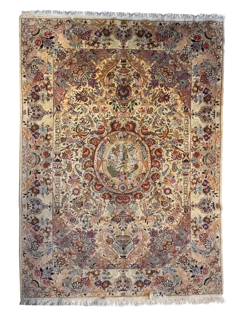 فرش دست بافت 9 متری کاشمر 250*350 مستطیل لچک ترنجی 35 رج پشم کرم 30 کیلو کلاسیک