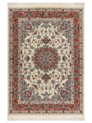 فرش دست بافت 6 متری کاشمر 200*300 مستطیل لچک ترنجی کاشمر 30 رج پشم و ابریشم کرم / بژ 25 کیلو سنتی