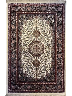 فرش دست بافت 6 متری مشهد 200*300 مستطیل افشان اسلیمی 70 رج کرک و ابریشم کرم 17 کیلو کلاسیک