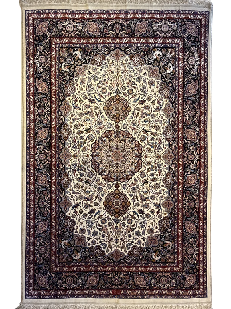 فرش دست بافت 6 متری مشهد 200*300 مستطیل افشان اسلیمی 70 رج کرک و ابریشم کرم 17 کیلو کلاسیک