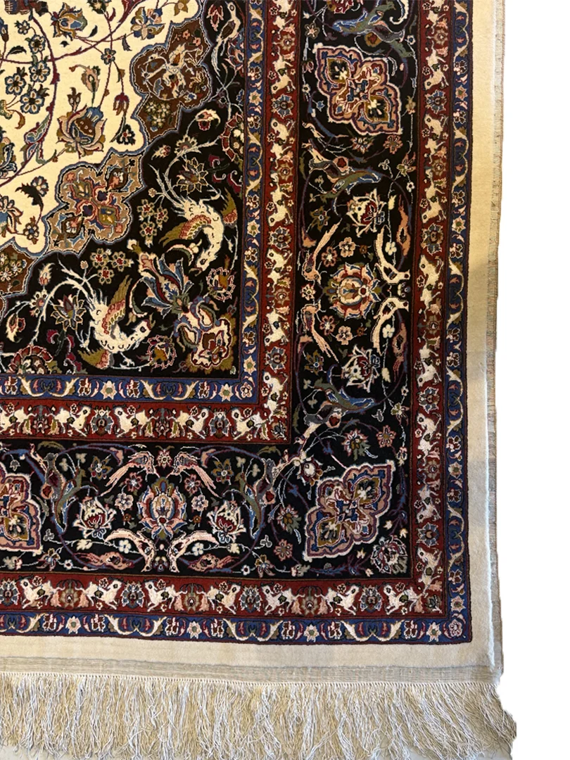 فرش دست بافت 6 متری مشهد 200*300 مستطیل افشان اسلیمی 70 رج کرک و ابریشم کرم 17 کیلو کلاسیک - Image 2