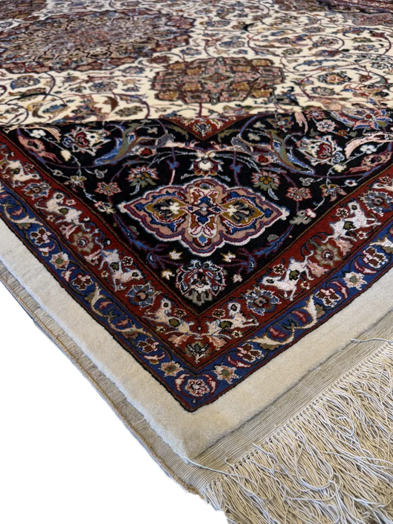 فرش دست بافت 6 متری مشهد 200*300 مستطیل افشان اسلیمی 70 رج کرک و ابریشم کرم 17 کیلو کلاسیک - Image 3