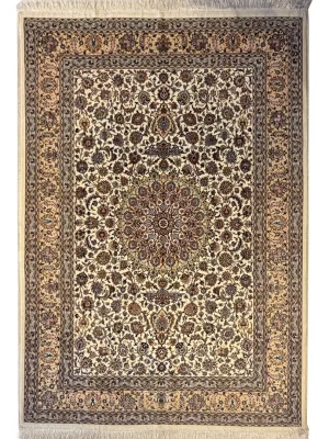 فرش دست بافت 6 متری مشهد 204*280 مستطیل لچک ترنجی افشان 70 رج کرک و ابریشم کرم / بژ 18 کیلو کلاسیک