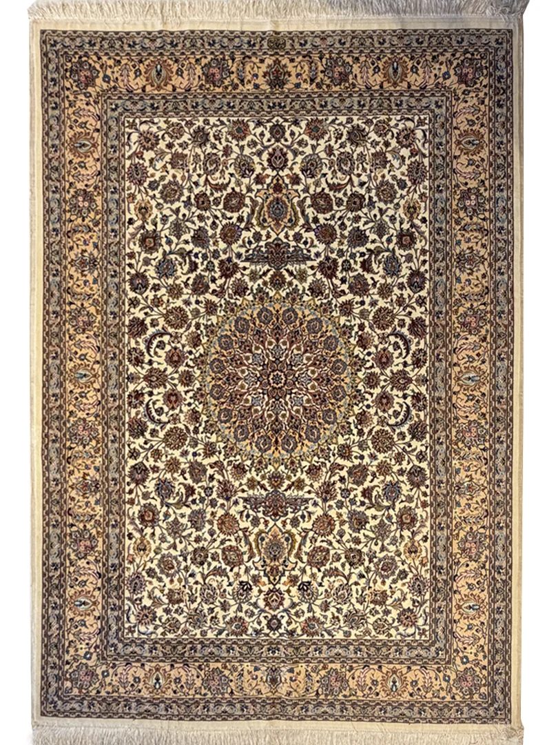 فرش دست بافت 6 متری مشهد 204*280 مستطیل لچک ترنجی افشان 70 رج کرک و ابریشم کرم / بژ 18 کیلو کلاسیک