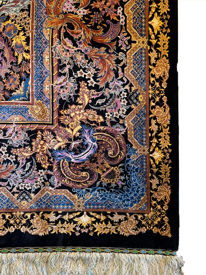 فرش دست بافت 9 متری قم 250*350 مستطیل رایمون 80 رج تمام ابریشم مشکی 15 کیلو کلاسیک - Image 2