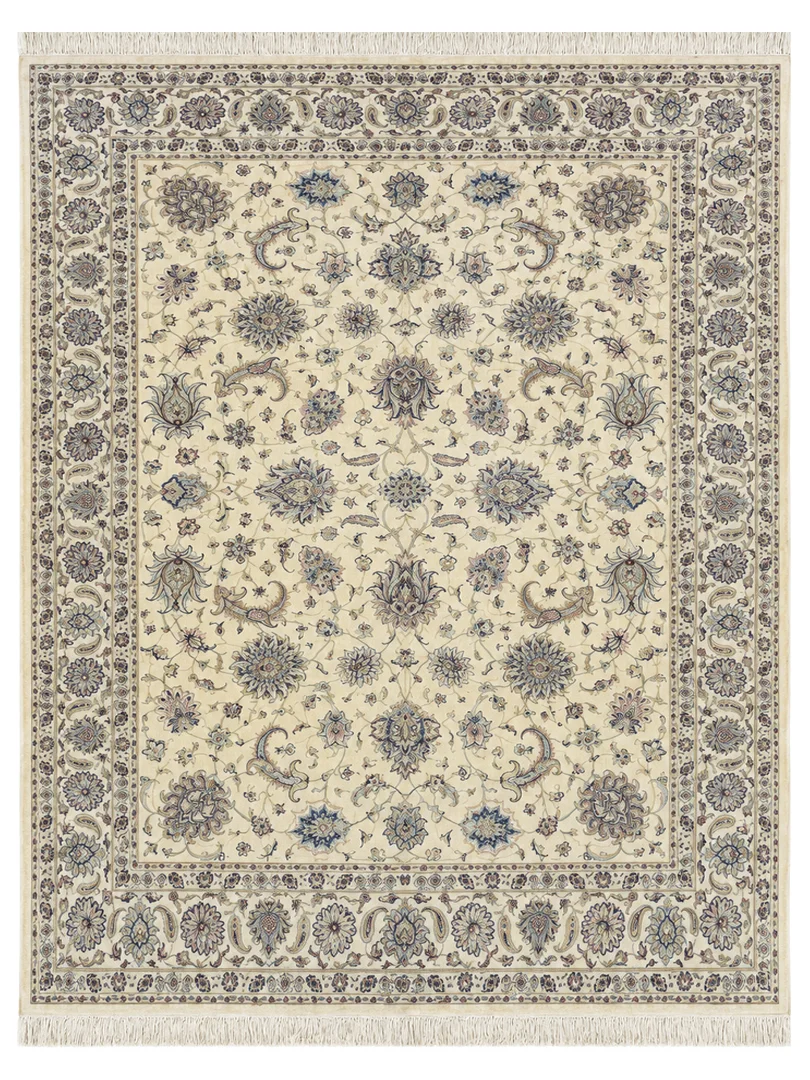 فرش دست بافت 12 متری مشهد 300*400 مستطیل افشان 50 رج کرک و ابریشم کرم 40 کیلوگرم کلاسیک