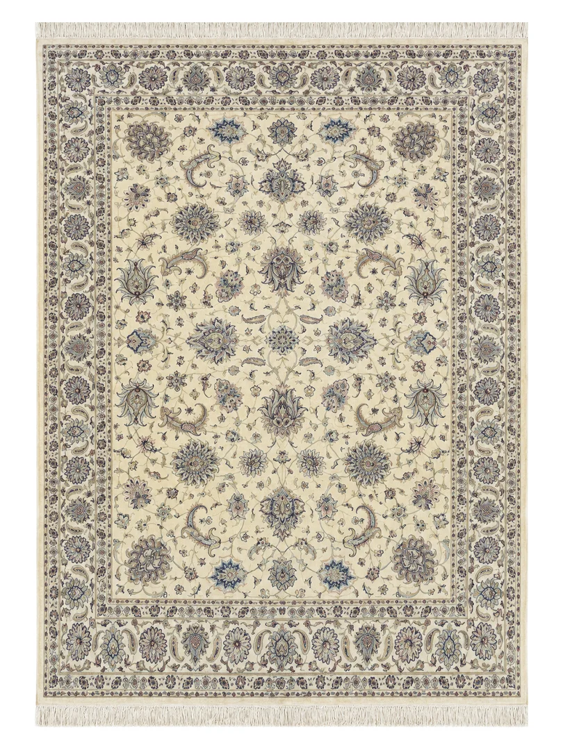 فرش دست بافت 24 متری مشهد 400*600 مستطیل افشان 50 رج کرک و ابریشم کرم 40 کیلوگرم کلاسیک