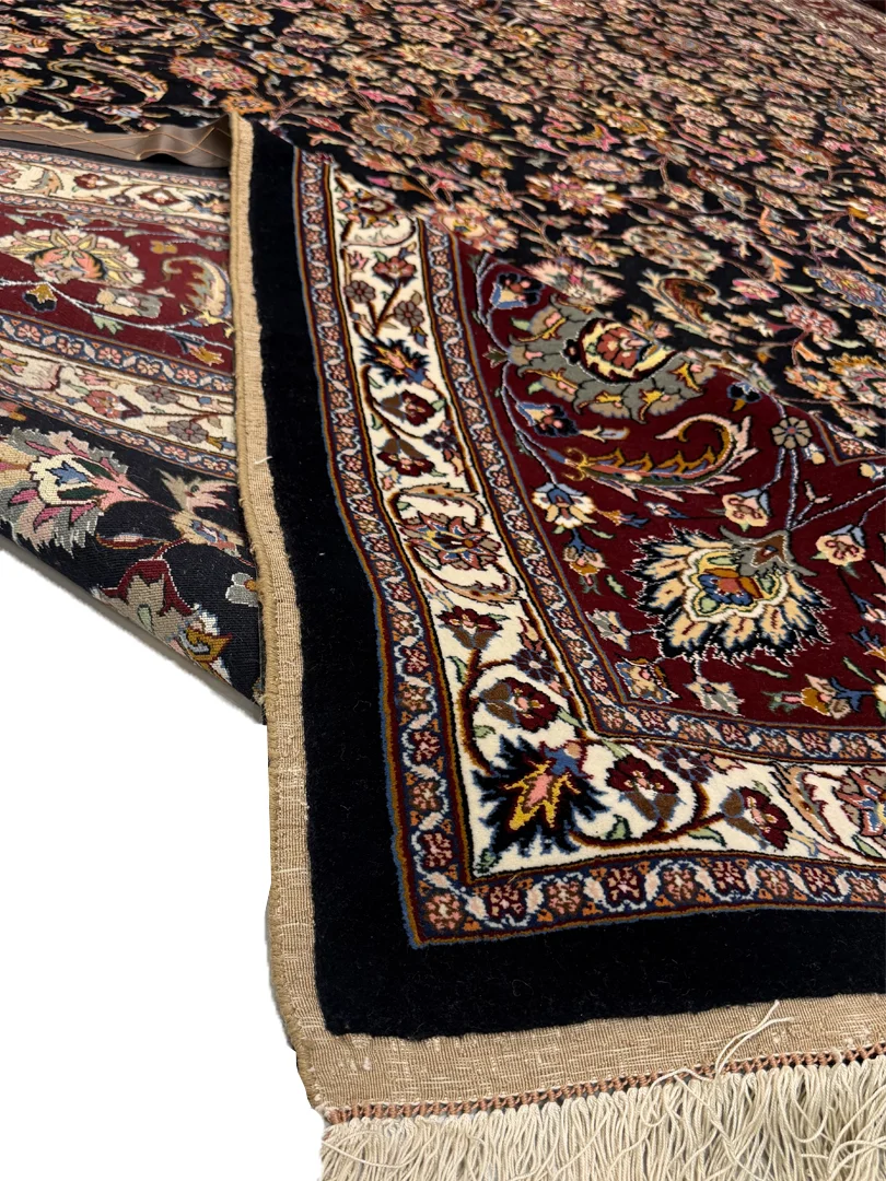 فرش دست بافت 12 متری مشهد 300*400 مستطیل افشان 50 رج کرک و ابریشم مشکی 40 کیلوگرم کلاسیک - Image 3