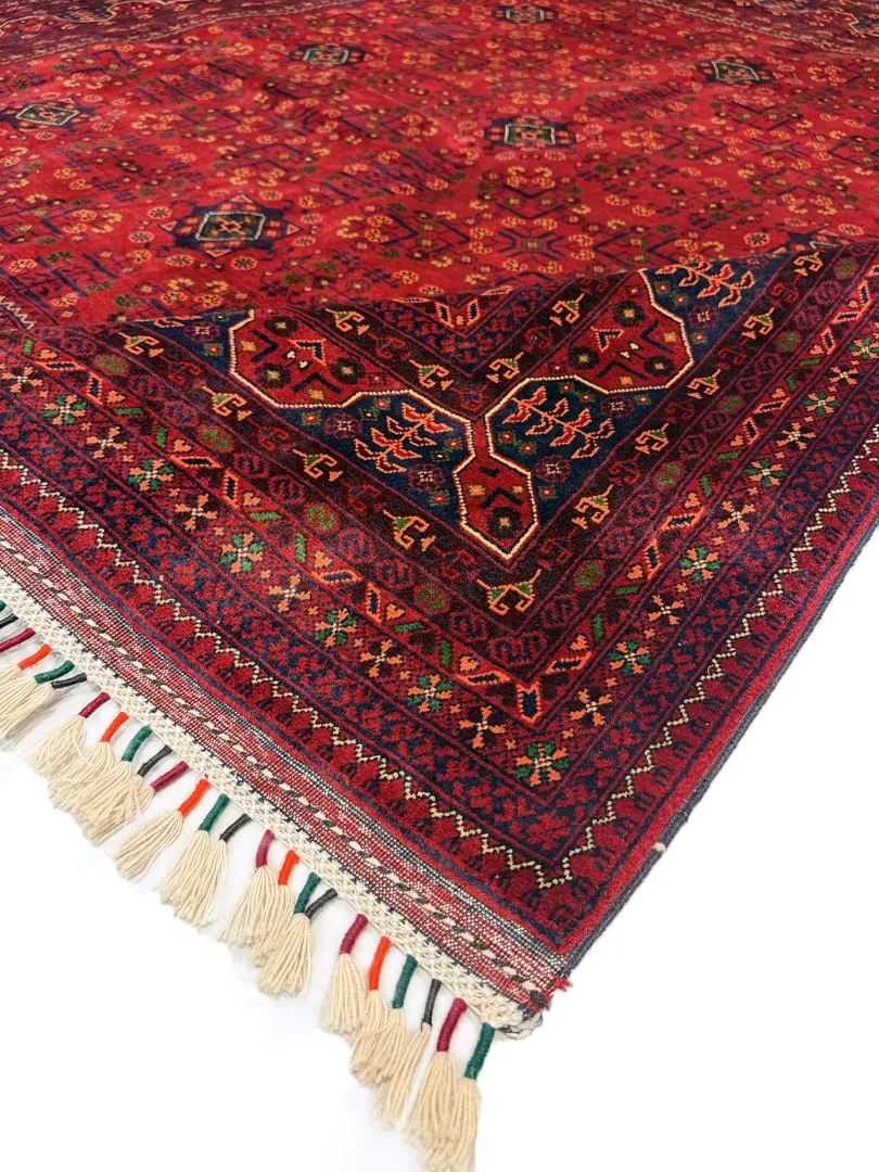 فرش دست بافت 4 متری خان محمدی 200*200 مربع ستاره ایی 40 رج کرک مرینوس قرمز / لاکی 20 کیلو سنتی - Image 3