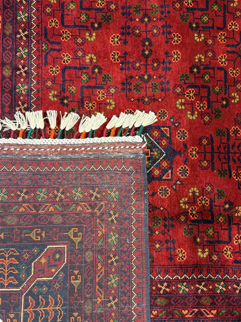 فرش دست بافت 4 متری خان محمدی 200*200 مربع ستاره ایی 40 رج کرک مرینوس قرمز / لاکی 20 کیلو سنتی - Image 4