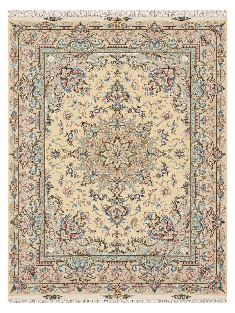 فرش دست بافت 3 متری تبریز 150*200 مستطیل بهشتی 50 رج کرک و ابریشم کرم 8 کیلو کلاسیک