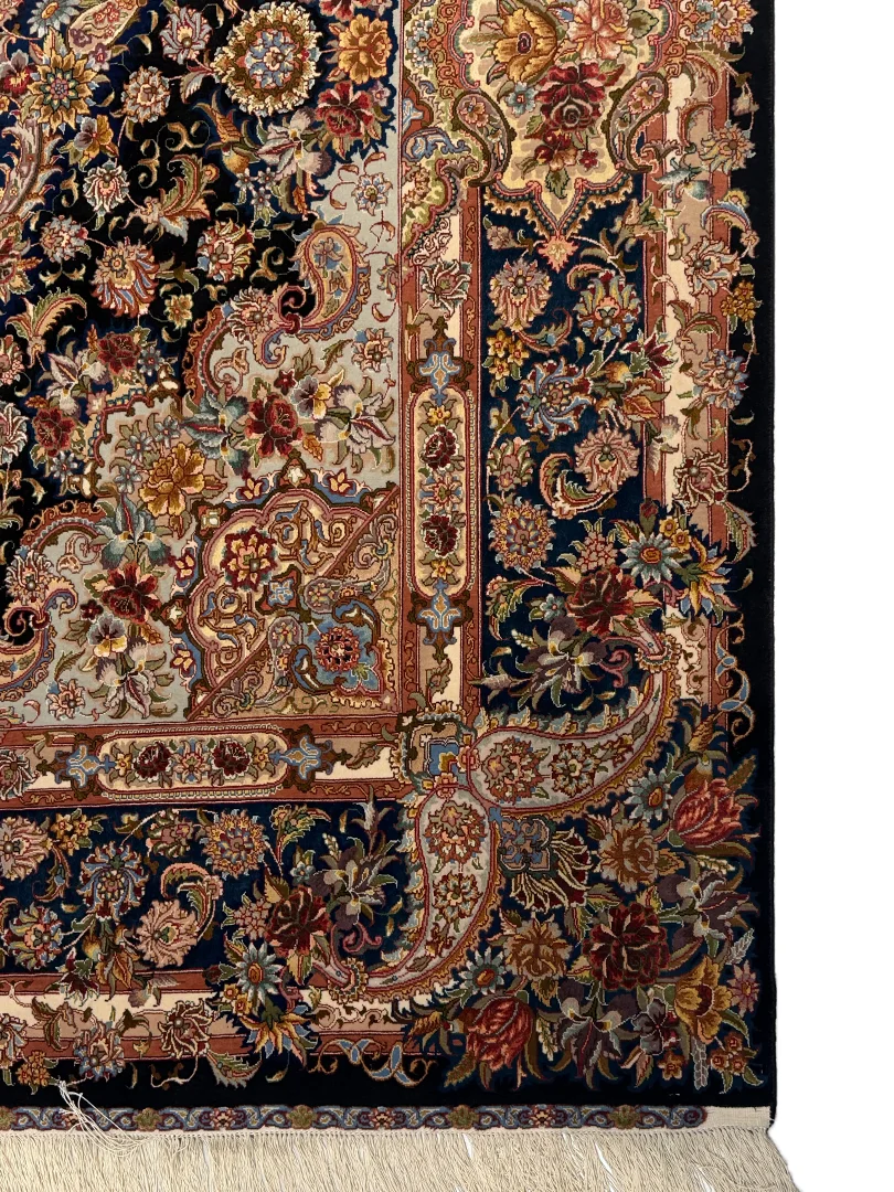 فرش دست بافت 6 متری تبریز 200*300 مستطیل سالاری باغ بهشت 60 رج کرک و ابریشم مشکی 15 کیلو کلاسیک - Image 2