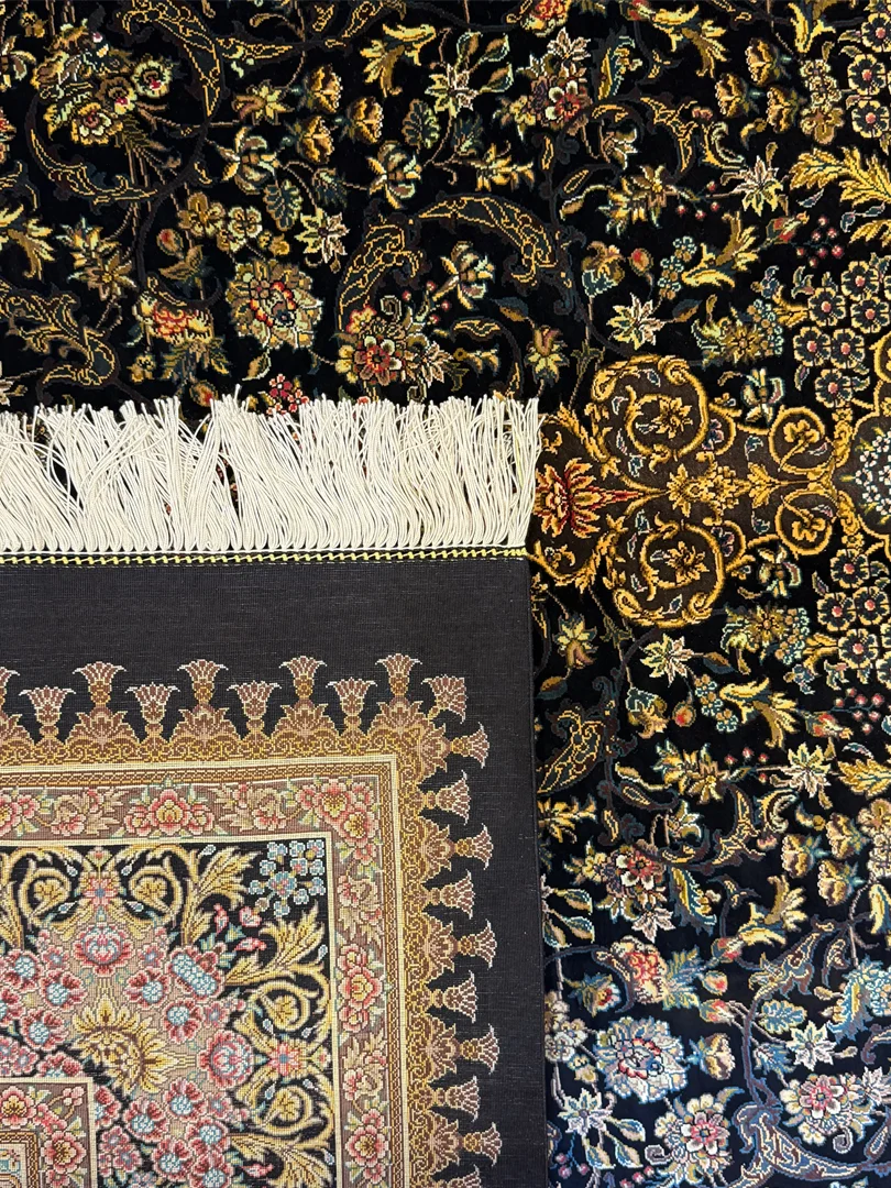 فرش دست بافت 4 متری قم 160*240 مستطیل رادان 80 رج تمام ابریشم قهوه ایی 9 کیلو کلاسیک - Image 2