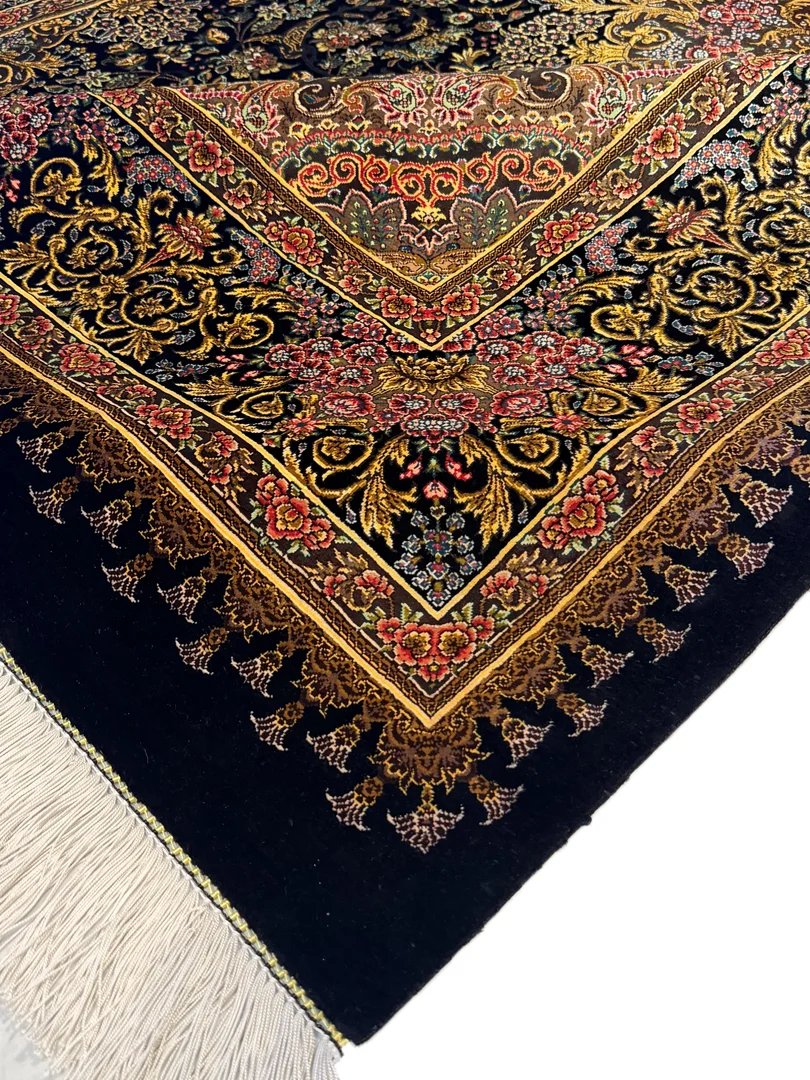فرش دست بافت 4 متری قم 160*240 مستطیل رادان 80 رج تمام ابریشم قهوه ایی 9 کیلو کلاسیک - Image 3