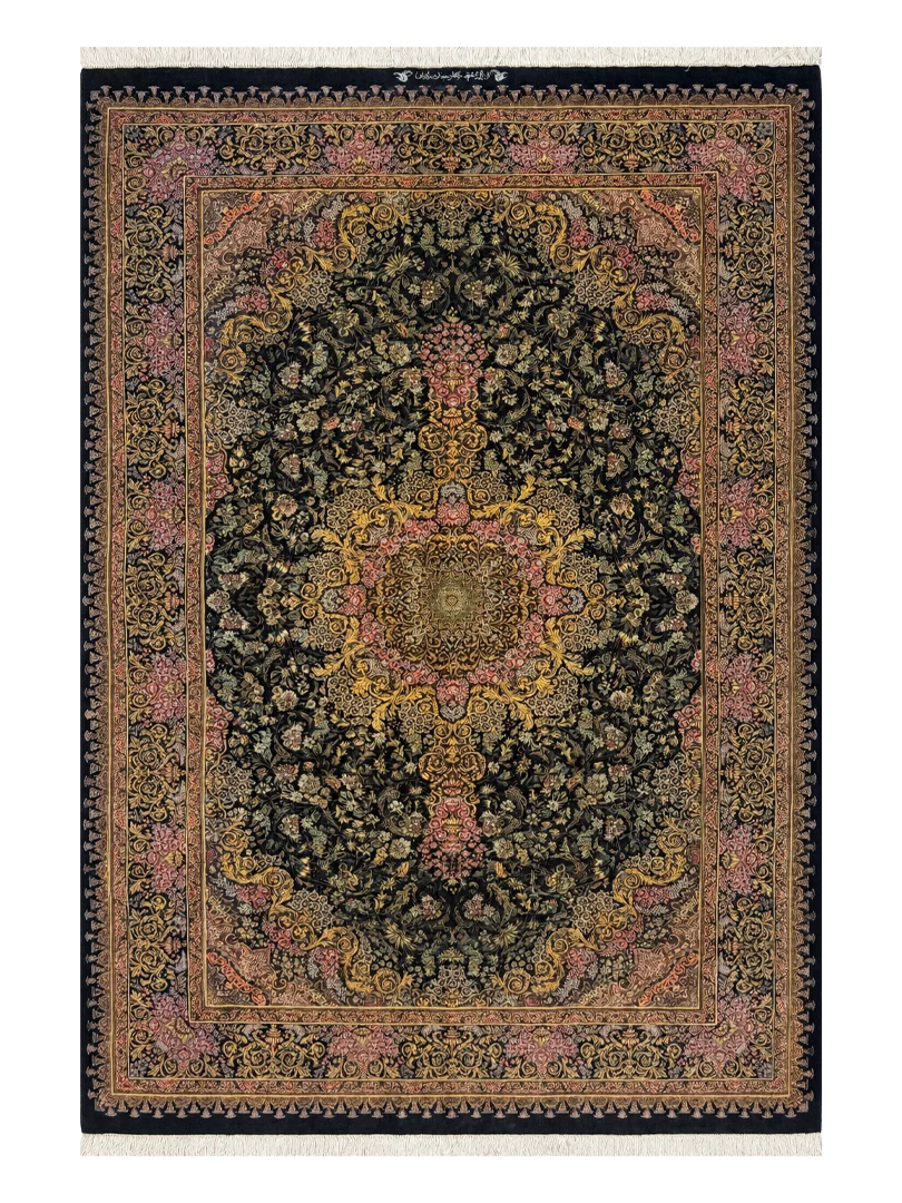 فرش دست بافت 4 متری قم 160*240 مستطیل رادان 80 رج تمام ابریشم قهوه ایی 9 کیلو کلاسیک
