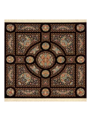 فرش دست بافت 4 متری قم 200*200 مربع گل فرنگ صادق زاده 80 رج تمام ابریشم قهوه ایی 9 کیلو کلاسیک
